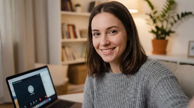 Девушка с приятной улыбкой общается в видеочате на фоне уютного интерьера с книжными полками