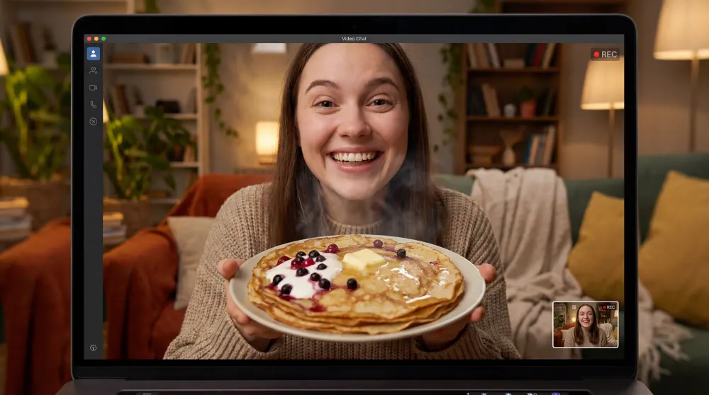 Человек показывает тарелку горячих блинов в веб-камеру, перспектива видеочата