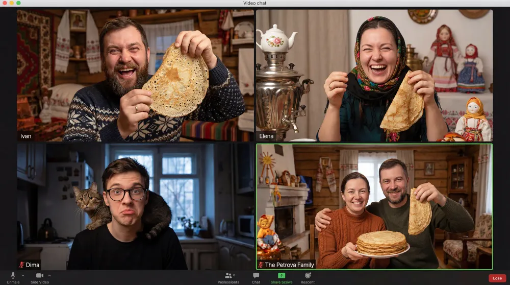 Разные типы собеседников в видеочате, едим блины, забавные лица, масленица