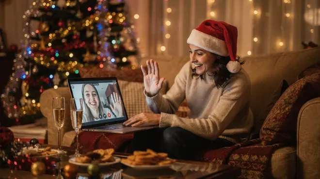 Девушка в шапке Санты машет рукой собеседнице в видеочате