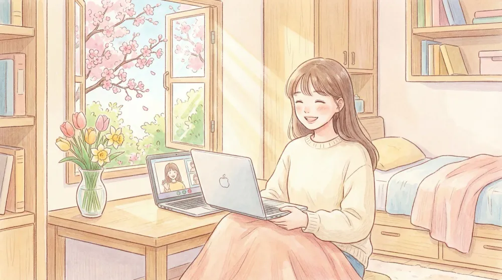 Девушка общается в видеочате за ноутбуком в уютной комнате с весенними цветами и видом на цветущие деревья за окном