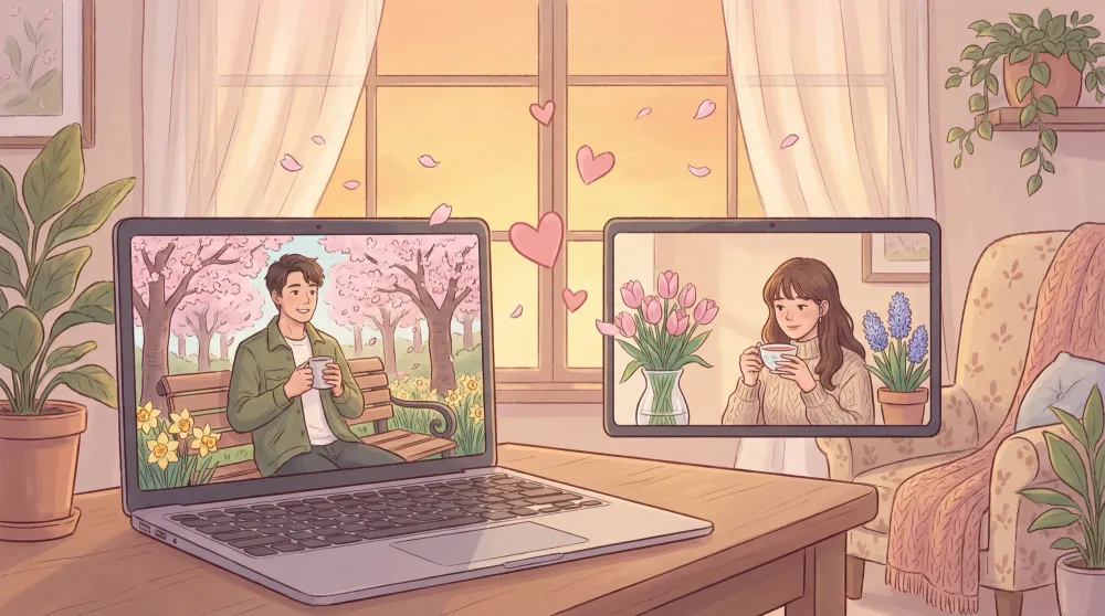 Романтическое весеннее видео-свидание: парень с кофе на фоне цветущих деревьев и девушка с чаем и тюльпанами