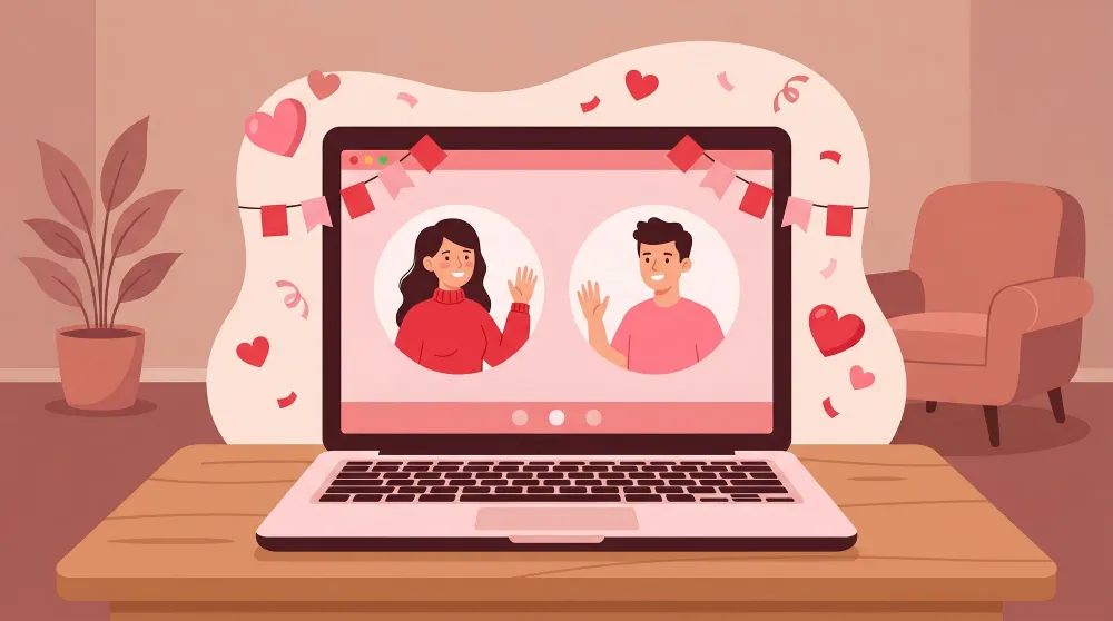 Видеочат в День Валентина — парень и девушка машут друг другу на экране ноутбука среди сердечек и гирлянд