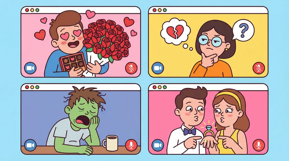 Четыре типажа собеседников в видеочате на День Валентина: романтик с розами, циник с книгой, скучающий человек и счастливая парочка