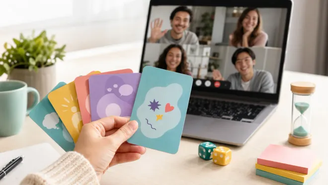 Рука держит цветные карточки для игры в вопросы на фоне видеочата