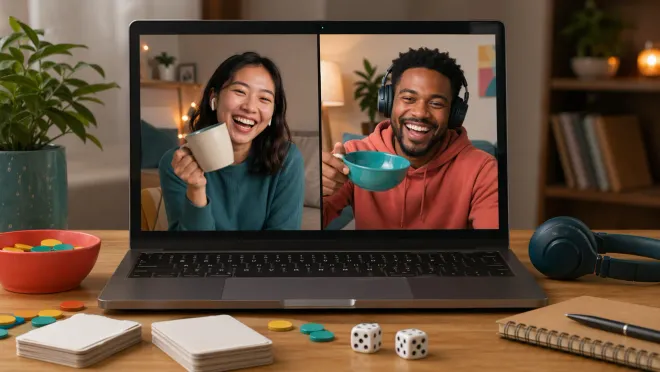 Два собеседника смеются в видеочате во время онлайн-игры