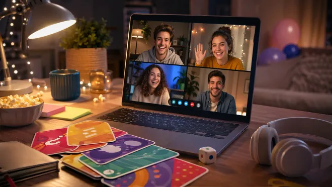 Друзья общаются в видеочате и играют в вопросы с карточками